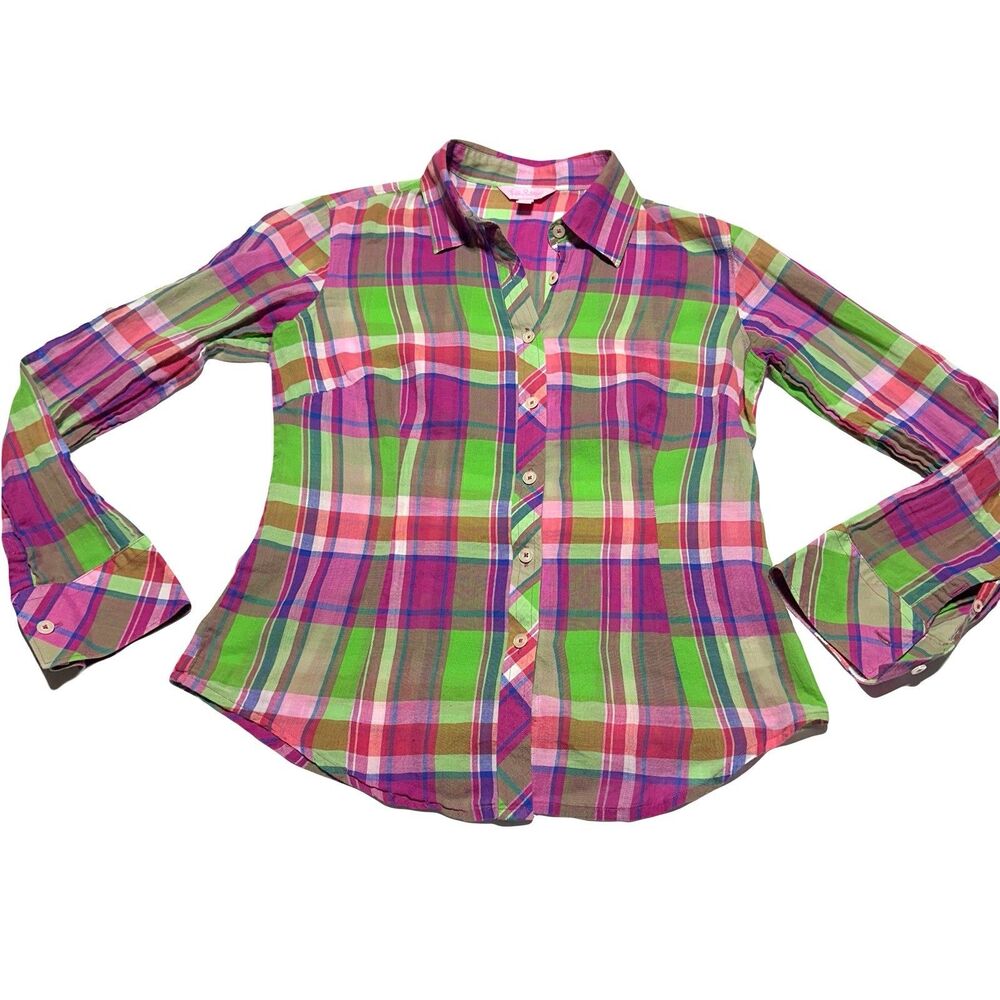 Lily Pulitzer Womens Button Front Shirt Roll Tab Sleeve Multicolor Plaid Size 4